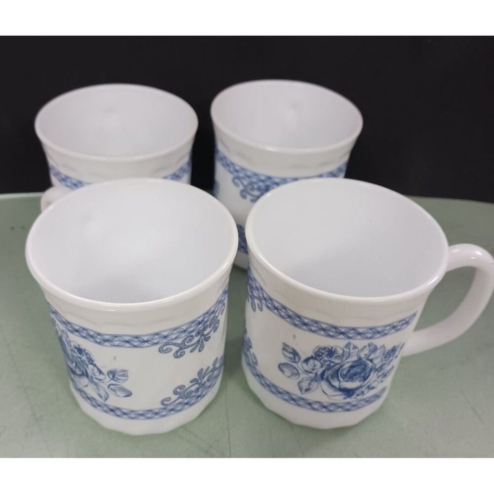 Arcopal France Honorine Floral Blue White Coffee Tea Mug Set of 4